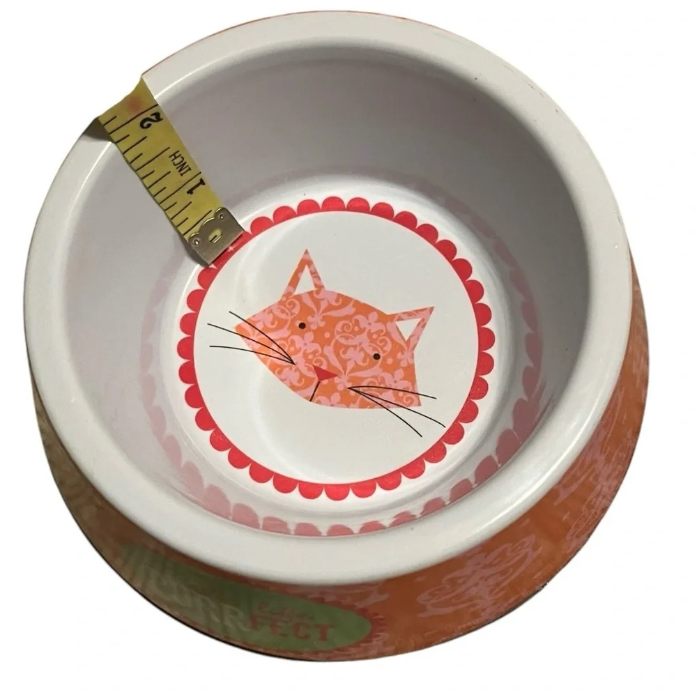 Cat food & water bowls melamine make life purrfect coral pink green 4.5 x 2” set